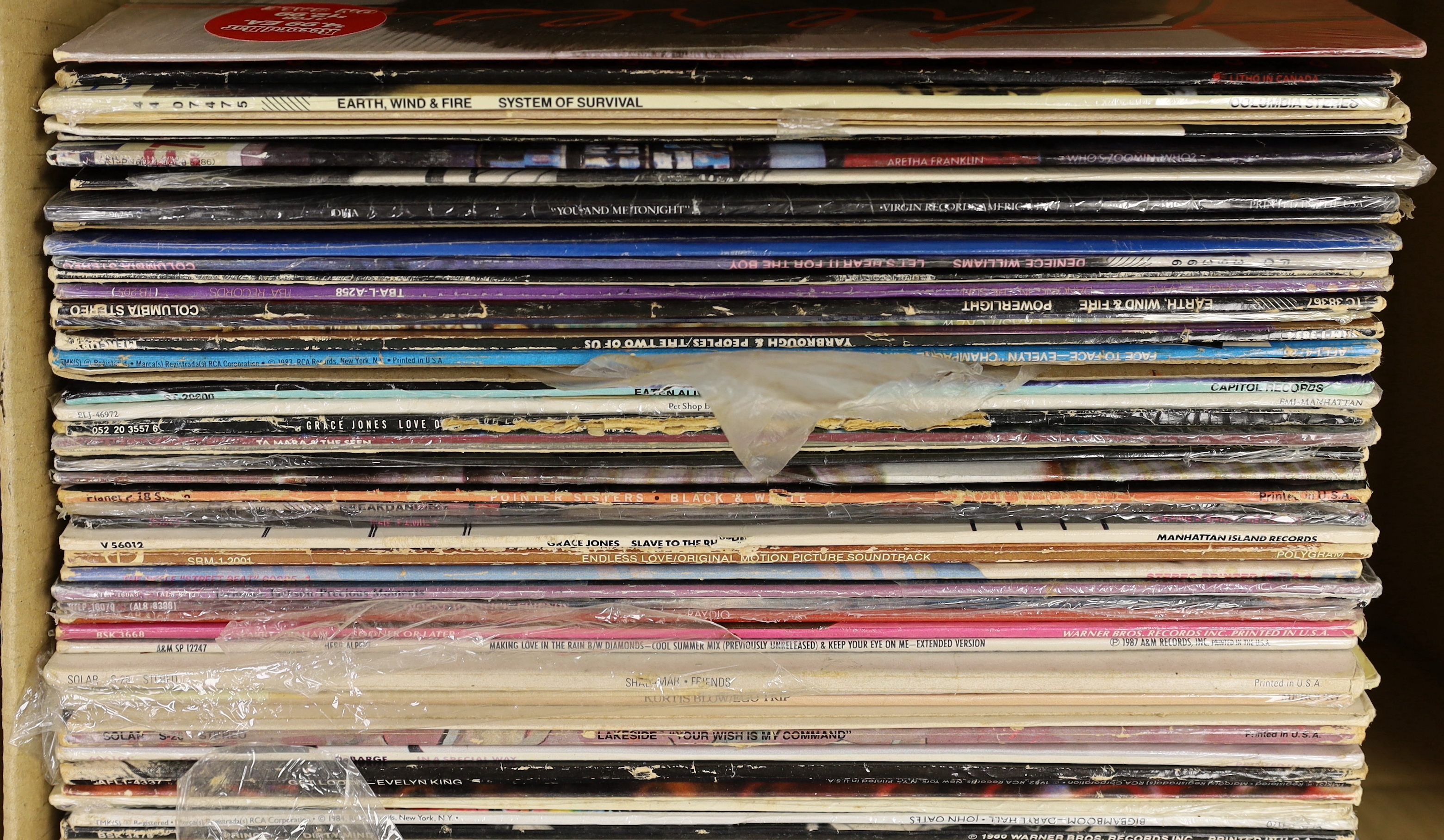 Ninety mostly 1970's/80's LPs etc., including Earth, Wind & Fire, Michael Jackson, Diana Ross, Pet Shop Boys, Pointer Sisters, Grace Jones, Dionne Warwick, Stevie Wonder, Sister Sledge, Sting, etc. Together with a number